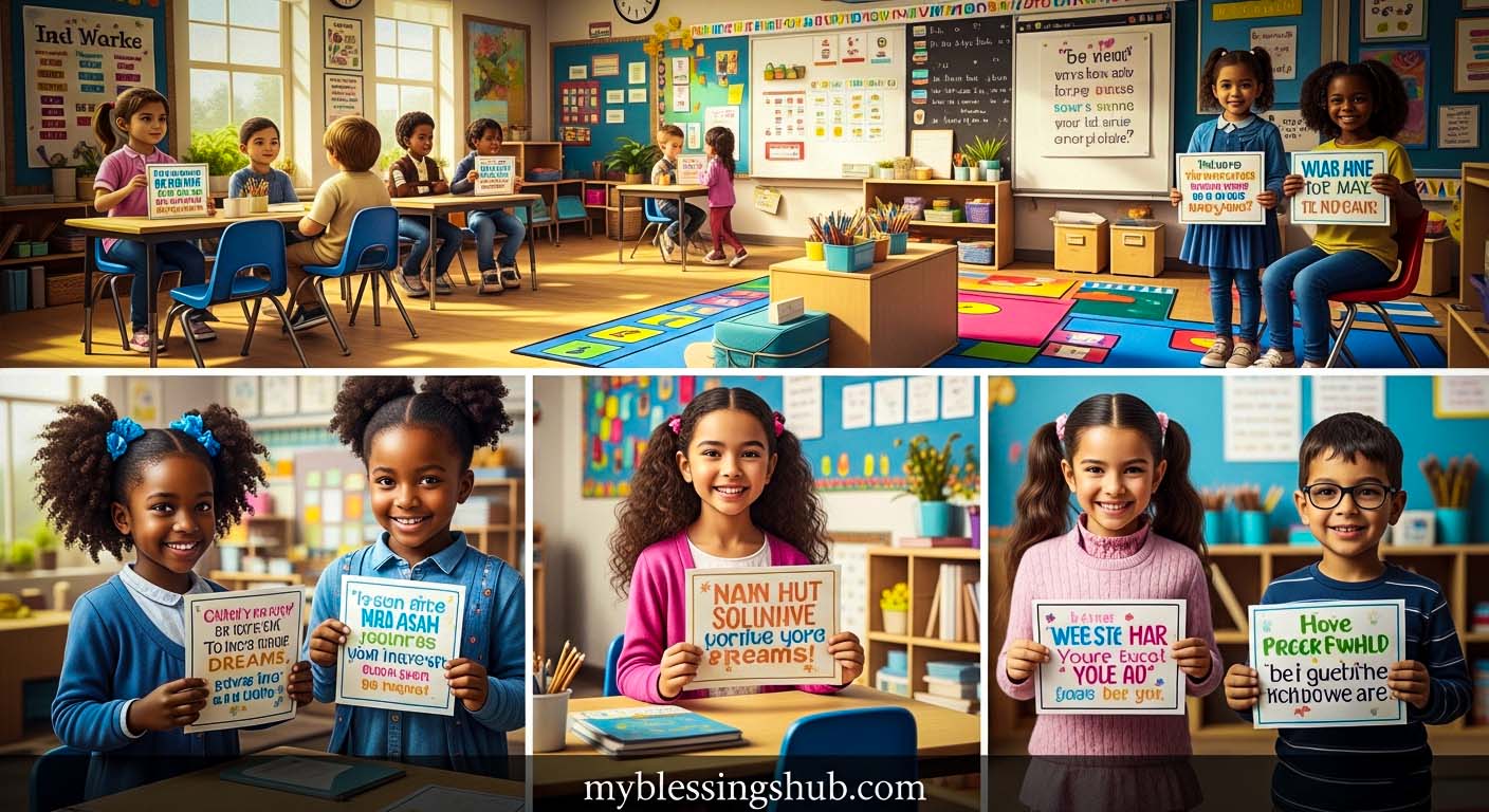 diverse group of children reading inspirational quotes in bright educational setting