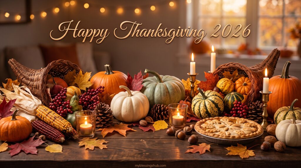 thanksgiving blessings card with autumn leaves and cozy pumpkins on rustic wood table