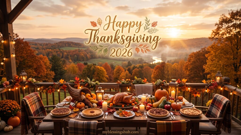 thanksgiving blessings card with autumn leaves and cozy pumpkins on rustic wood table